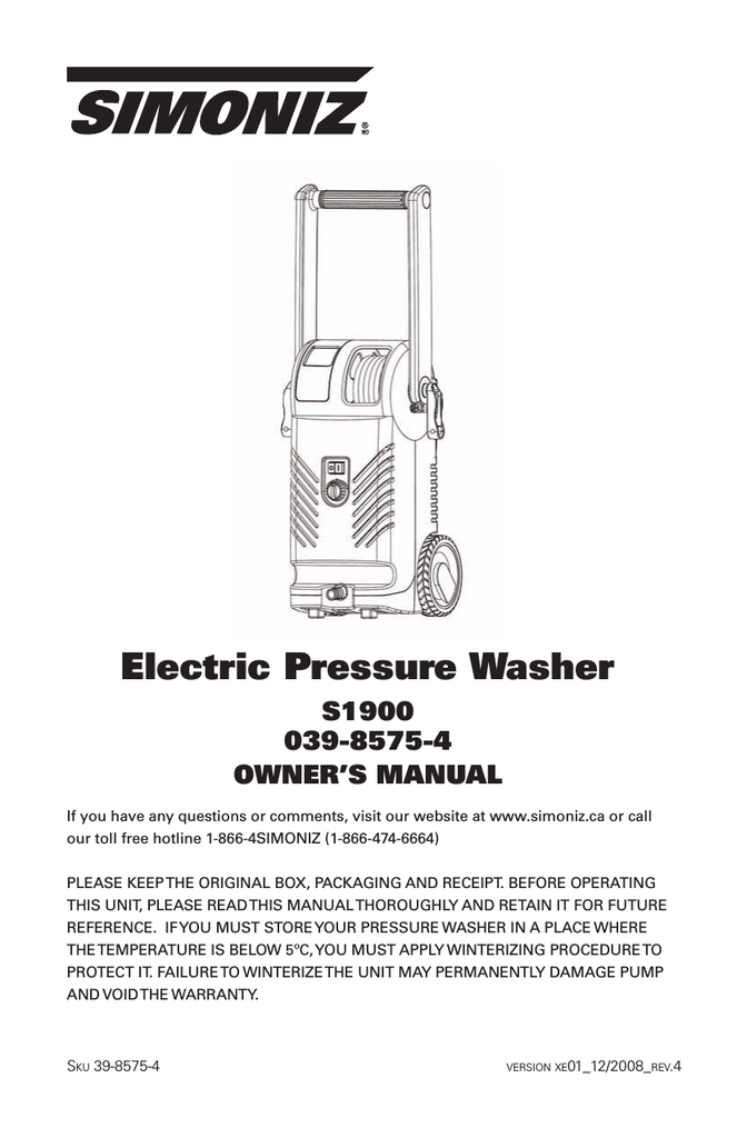 simoniz 1900 pressure washer manual