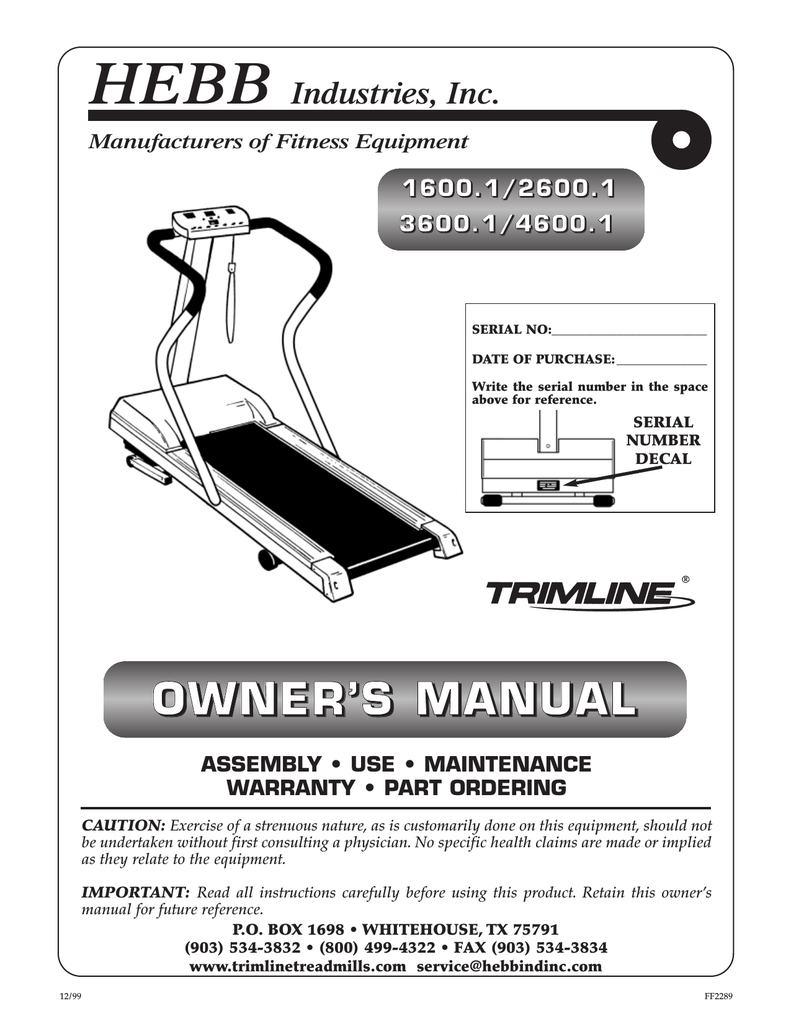 hebb industries inc treadmill owners manual